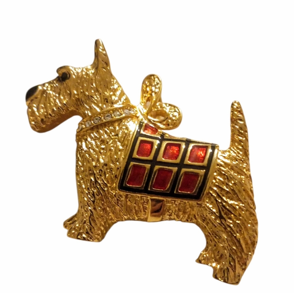 Premier Gold & Red Scottie Dog Brooch Rhinestone Collar Red & Black Enamel 2.5"